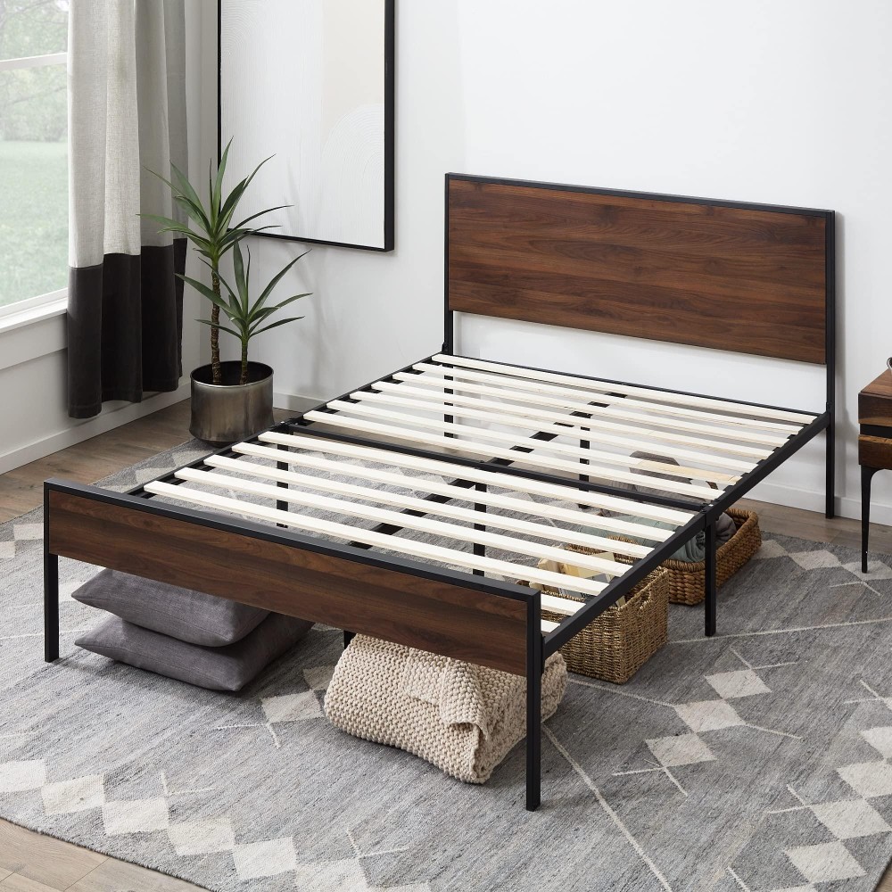 Edenbrook Bed Frame - Metal Platform Bed - Wood Headboard And Footboard - Box Spring Optional, Full, Brown Oak