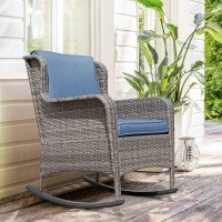 Soleil Jardin Outdoor Resin Wicker Rocking Chair With Cushions  Patio Yard Furniture Club Rocker Chair  Gray Wicker & Navy Cushions