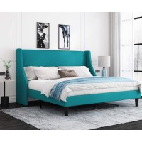 Allewie King Size Bed Frame, Platform Bed Frame With Upholstered Headboard, Modern Deluxe Wingback, Wood Slat Support, Mattress Foundation, Peacock Green