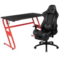 Red Gaming Desk With Cup Holder/Headphone Hook & Gray Reclining Gaming Chair With Footrest