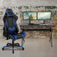 Black Gaming Desk and BlueBlack Reclining Gaming Chair Set with Cup Holder Headphone Hook 2 Wire Management Holes