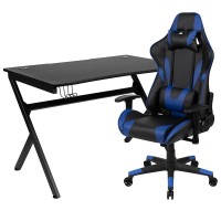 Black Gaming Desk and BlueBlack Reclining Gaming Chair Set with Cup Holder Headphone Hook 2 Wire Management Holes