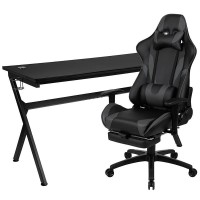 Gaming Desk and Gray Footrest Reclining Gaming Chair Set - Cup Holder/Headphone Hook/Removable Mouse Pad Top/Wire Management