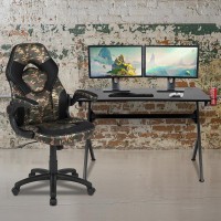 Black Gaming Desk and Camouflage/Black Racing Chair Set with Cup Holder, Headphone Hook & 2 Wire Management Holes
