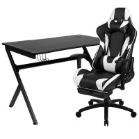 Black Gaming Desk And Black Footrest Reclining Gaming Chair Set With Cup Holder, Headphone Hook & 2 Wire Management Holes