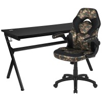 Gaming Desk and CamouflageBlack Racing Chair Set Cup HolderHeadphone HookRemovable Mouse Pad Top 2 Wire Management Holes