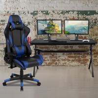 Gaming Desk and BlueBlack Reclining Gaming Chair Set Cup HolderHeadphone HookRemovable Mouse Pad Top Wire Management