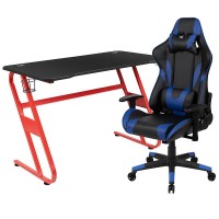 Red Gaming Desk and Blue Reclining Gaming Chair Set with Cup Holder and Headphone Hook