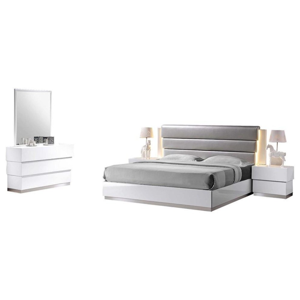 Best Master 5-Piece Florence Leather Headboard Queen Bed Set In White/Gray