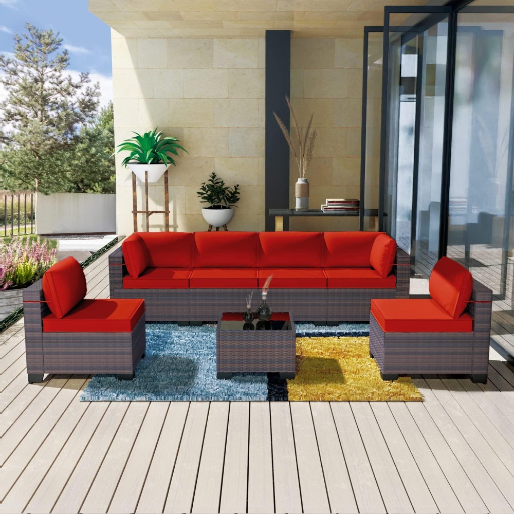 Kullavik Patio Furniture Set 7 Pieces Outdoor Sectional Rattan Sofa Set Brown Manual Wicker Patio Conversation Set With Red Cushions,1 Tempered Glass Tea Table