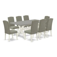 East West Furniture 9-Piece Modern Dining Room Set an Excellent Cement Color dining table Top and 8 Gorgeous Solid Wood Legs and Linen Fabric Seat Chairs with Nail Heads and Stylish Chair Back, Linen