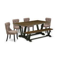 East West Furniture V677SI6486 6Pc Dining Table Set 4 Dining Chairs with Coffee Linen Fabric Seat and Button Tufted Chair Bac