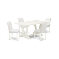 East West Furniture V026AB2645 5Piece Awesome Dining Set a Superb Linen White dining table Top and 4 Pu Leather Stunning Din