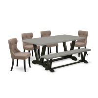 East West Furniture V697SI6486 6Piece Modern Dining Table Set 4 Kitchen Chairs with Coffee Linen Fabric Seat and Button Tufte