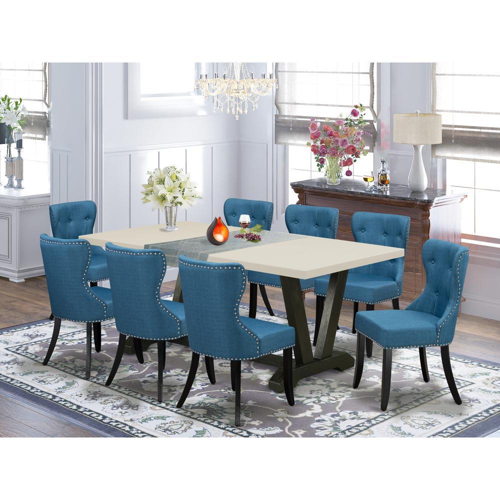 East West Furniture 9Piece Dinette Room Set 8 Parson dining room chairs with Blue Linen Fabric Seat and Button Tufted Chair Ba