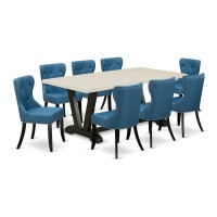 East West Furniture 9Piece Dinette Room Set 8 Parson dining room chairs with Blue Linen Fabric Seat and Button Tufted Chair Ba