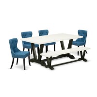 East West Furniture V627SI1216 6Pc Dining Room Table Set 4 Parson Dining Room Chairs with Blue Linen Fabric Seat and Button T