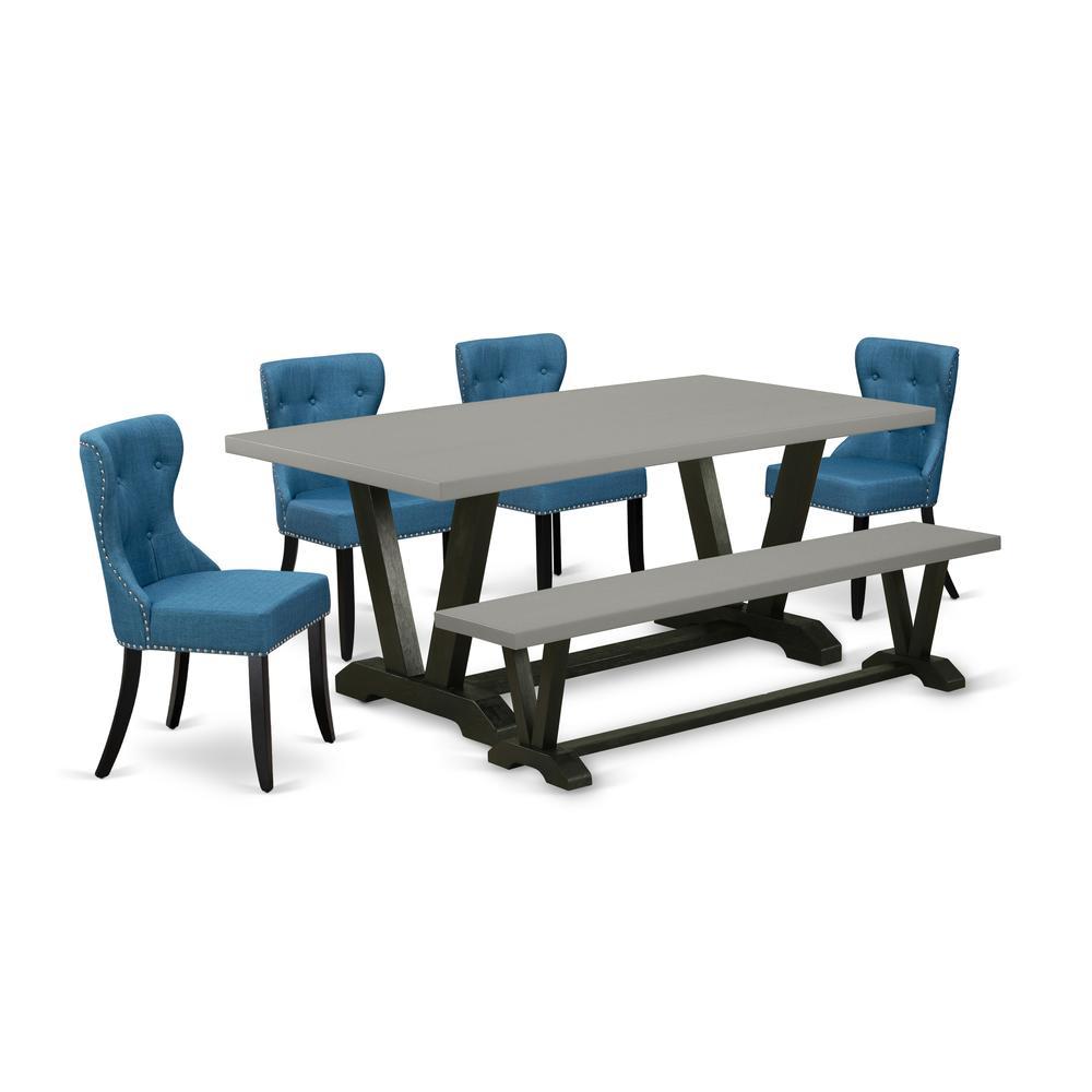 East West Furniture V697SI1216 6Piece Dining Table Set 4 Mid Century Dining Chairs with Blue Linen Fabric Seat and Button Tuf