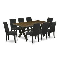 East West Furniture X677DR1249 9Pc Dining Table Set 8 Parson Dining Chairs with Black Linen Fabric Seat and Stylish Chair Bac