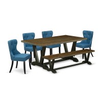 East West Furniture V677SI1216 6Pc Kitchen Dining Set 4 Mid Century Dining Chairs with Blue Linen Fabric Seat and Button Tuft