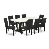 East West Furniture V627DR1249 9Piece Dinette Room Set 8 Dining Room Chairs with Black Linen Fabric Seat and Stylish Chair Ba