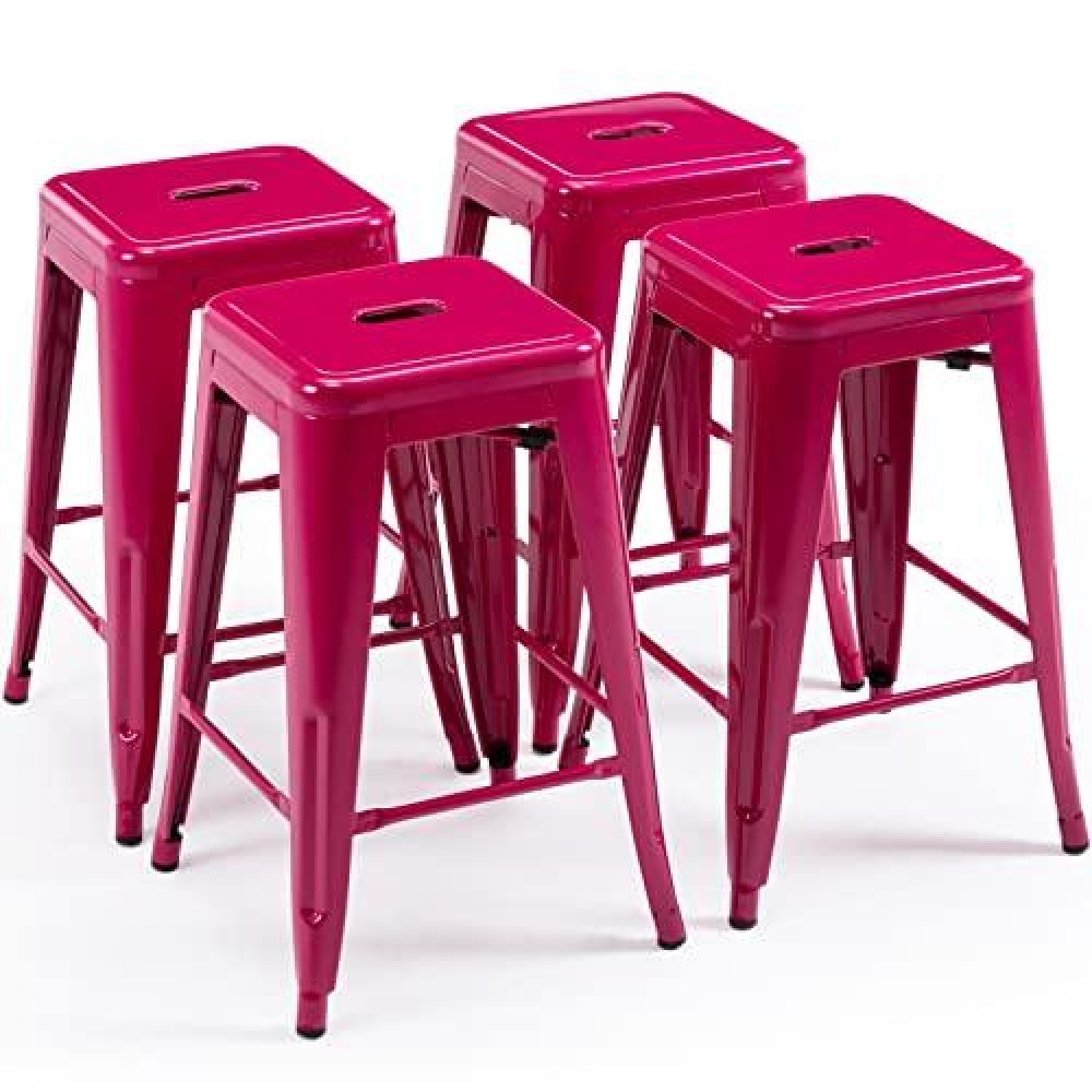 Vogue Furniture Direct 24 Inch Bar Stools Backless Metal Barstools Indoor-Outdoor Counter Height Stools With Square Seat, Set Of 4 (Hot Pink)