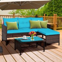 Dortala 3 Piece Patio Furniture Set, Outdoor Rattan Sectional Sofa Set W/Seat Cushions, Coffee Table, Steel Frame Patio Wicker Rattan Conversation Furniture Set For Garden Lawn Deck (Turquoise)