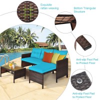 Dortala 3 Piece Patio Furniture Set, Outdoor Rattan Sectional Sofa Set W/Seat Cushions, Coffee Table, Steel Frame Patio Wicker Rattan Conversation Furniture Set For Garden Lawn Deck (Turquoise)