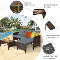 Dortala 3 Piece Patio Furniture Set, Outdoor Rattan Sectional Sofa Set W/Seat Cushions, Coffee Table, Steel Frame Patio Wicker Rattan Conversation Furniture Set For Garden Lawn Deck (Grey)