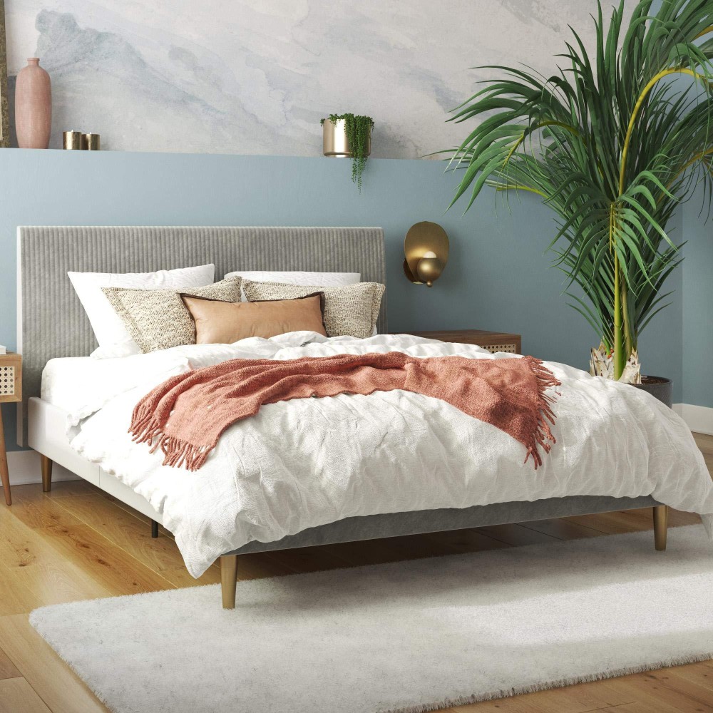 Mr. Kate Daphne Upholstered Bed With Headboard And Modern Platform Frame, Full, Light Gray Velvet