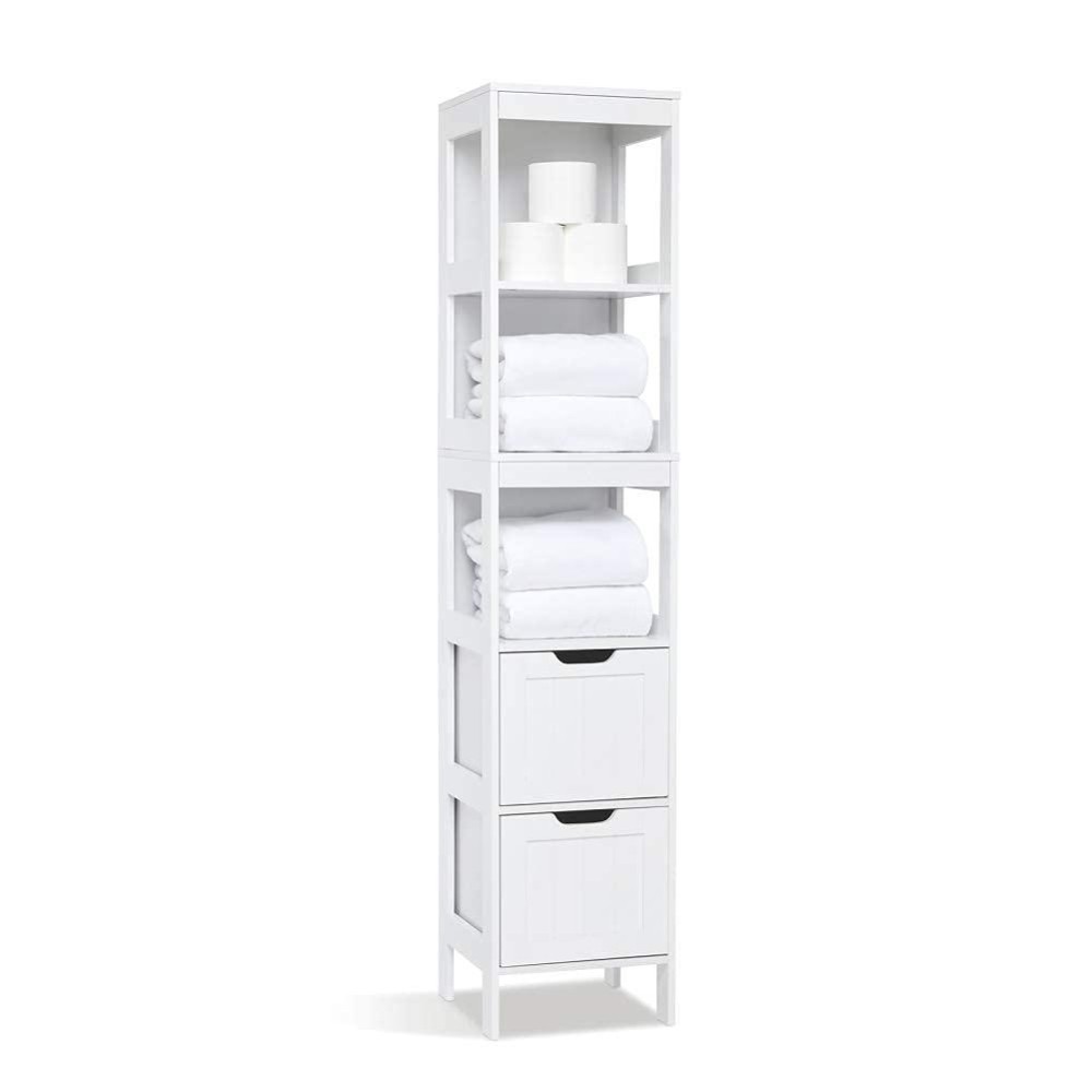 Meerveil Tall Bathroom Cabinet, Storage Unit With 2 Drawers And 3 Open Shelves, White Free Standing Painted Mdf Slim Organiser, 30 X 30 X 144 Cm For Bathroom Living Room And Kitchen