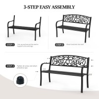 Vingli Outdoor Bench For Patio Metal Garden Bench Wpvc Back Pattern Steel Black Outdoor Bench Welcome Bench Park Bench Porch B