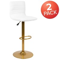 Vincent Modern White Vinyl Adjustable Bar Stool with Back Counter Height Swivel Stool with Gold Pedestal Base Set of 2