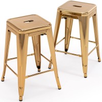 Vogue Furniture Direct 24 Inch Bar Stools Backless Metal Barstools Indoor-Outdoor Counter Height Stools With Square Seat, Set Of 2 (Gold)