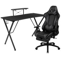 Black Gaming Desk with Cup Holder/Headphone Hook and Monitor/Smartphone Stand & Gray Reclining Gaming Chair with Footrest