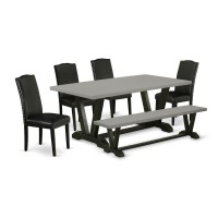 East West Furniture V697EN1696 6Pc Dinette Room Set 4 Parson Chairs a Dining Bench Cement Top and 1 Modern Cement Dining Ro