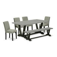 East West Furniture V697AB1066 6Pc Dining Room Set 4 Parson Chairs a Dining Bench Cement Top and 1 Modern Cement Dining Tab