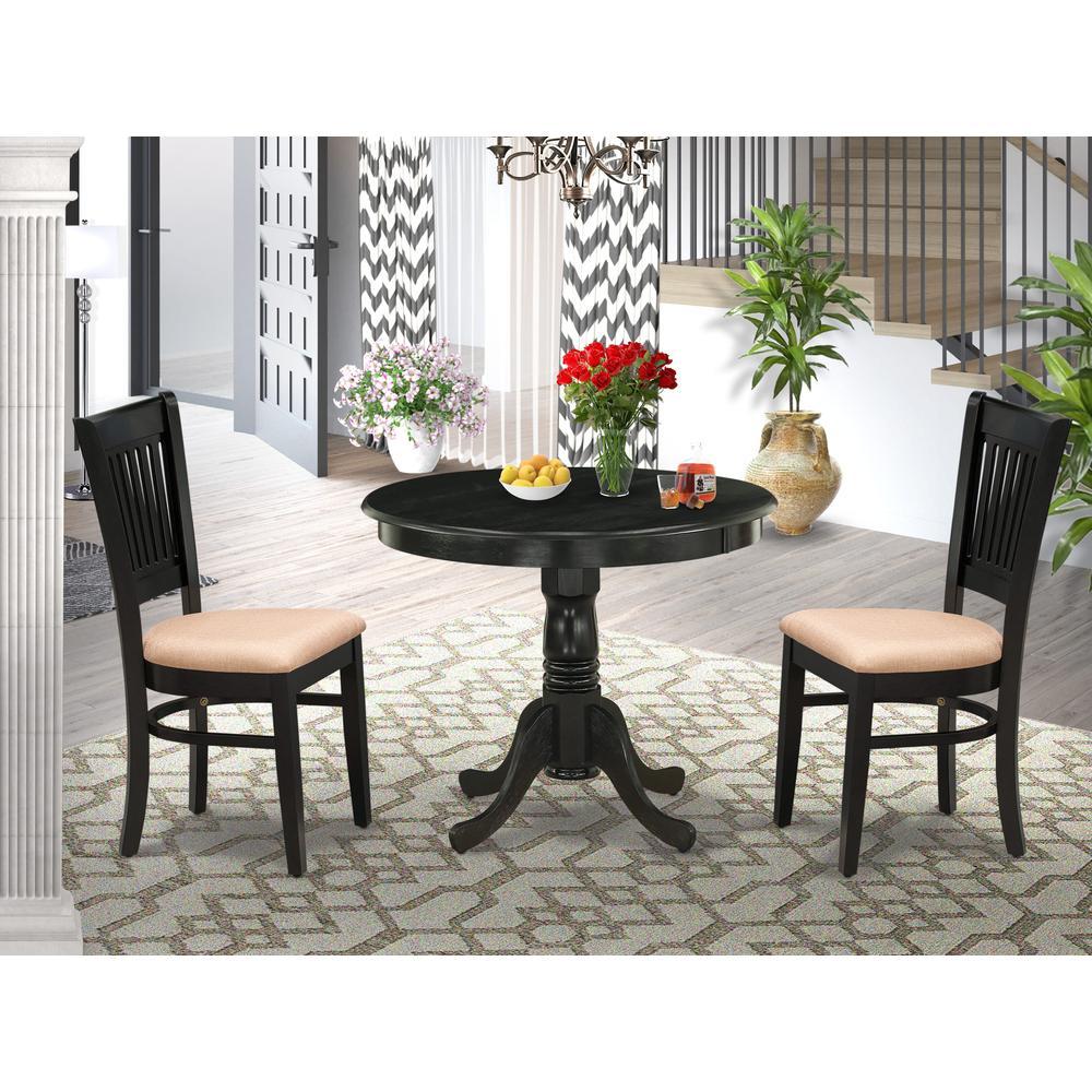 East West Furniture 3Pc Kitchen Dining Set 2 Wood Chair and Kitchen Dining Table Linen Fabric Seat and Slatted Chair Back B