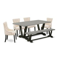 East West Furniture V697FR1026 6Pc Dining Table Set 4 Parson Chairs a Wood Bench Cement Top and 1 Modern Cement Table Top w