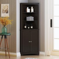 Spirich Tall Corner Cabinet With Two Doors And Three Tier Shelves, Free Standing Corner Storage Cabinet For Bathroom, Kitchen, Living Room, Espresso