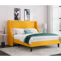 Allewie Full Size Bed Frame, Platform Bed Frame With Upholstered Headboard, Modern Deluxe Wingback, Wood Slat Support, Mattress Foundation, Light Yellow