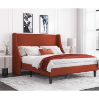 Allewie Full Size Bed Frame, Platform Bed Frame With Upholstered Headboard, Modern Deluxe Wingback, Wood Slat Support, Mattress Foundation, Burnt Orange