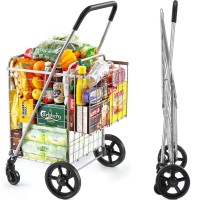 Wellmax Metal Grocery Shopping Cart With Wheels For Groceries, Folding Cart For Convenient Storage And Holds Up To 66Lbs, Dual Swivel Wheels And Extra Basket, Silver