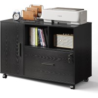 Devaise Office File Cabinet With Lock, 1-Drawer Wood Lateral Filing Cabinet On Wheels, Printer Stand With Open Storage Shelves For Home Office, Black