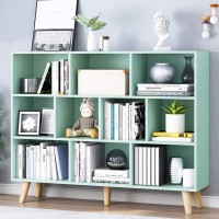 Iotxy Wooden Open Shelf Bookcase 3Tier Floor Standing Display Cabinet Rack With Legs 10 Cubes Bookshelf Tiffanygreen