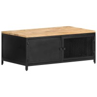 Vidaxl Coffee Table, End Table With 2 Doors, Side Table With Iron Legs For Living Room Bedroom, Bohemian, Solid Rough Mango Wood 35.4 Inch