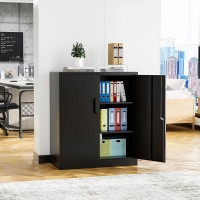 Stani Metal Storage Cabinet With 2 Adjustable Shelves, Steel Counter Cabinet With Lockable Doors For Home Office (Black)