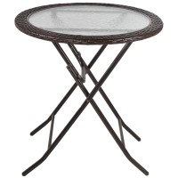 Outsunny Folding Round Tempered Glass Metal Table With Brown Rattan Edging