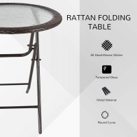 Outsunny Folding Round Tempered Glass Metal Table With Brown Rattan Edging