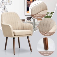 Giantex Set Of 4 Fabric Dining Chairs, Accent Upholstered Arm Chair W/Wood Legs, Thick Sponge Seat, Non-Slipping Pads, Modern Leisure Chair For Dining Room, Living Room, Bedroom (4, Beige)
